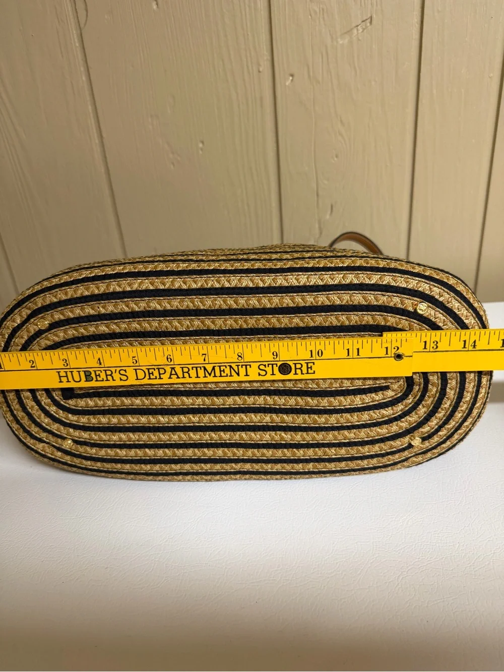 Eric Javitś Striped Natural Straw Tote Bag with Tan Trim